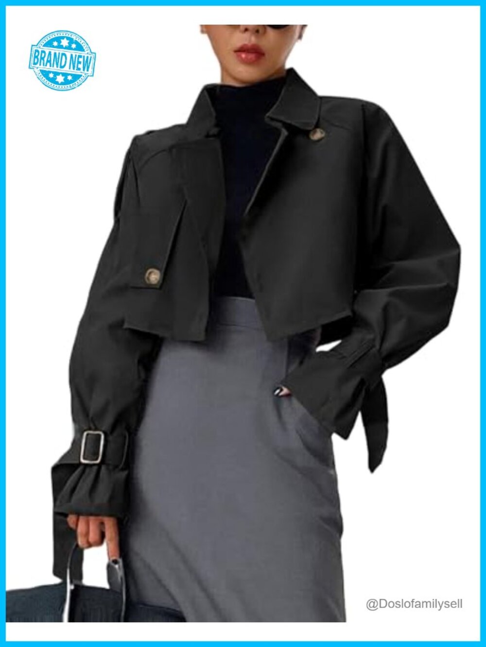 Women's Cropped Trench Coat 100% Cotton Double Breasted Long Sleeve Casual